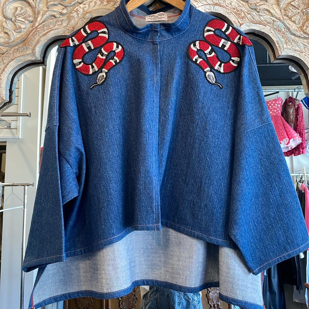 Denim jacket snake patches dolman sleeve oversize shirt red snakes
